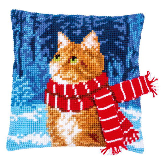 Cat with Scarf Printed Cross Stitch Cushion Kit by Vervaco