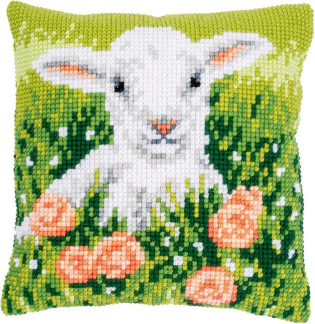 Lamb Among Flowers Printed Cross Stitch Cushion Kit by Vervaco