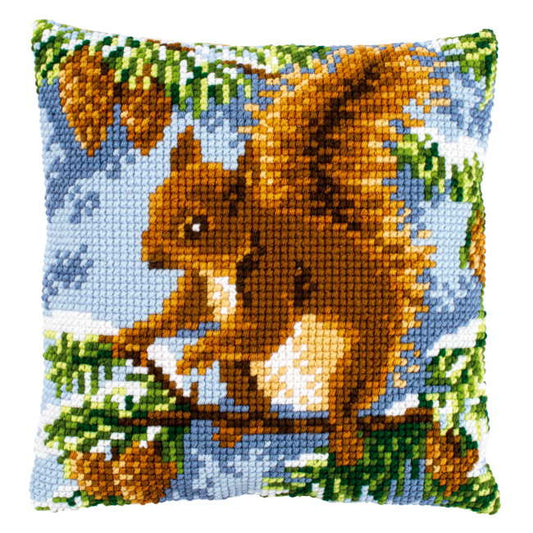 Squirrel in a Pine Tree Printed Cross Stitch Cushion Kit by Vervaco