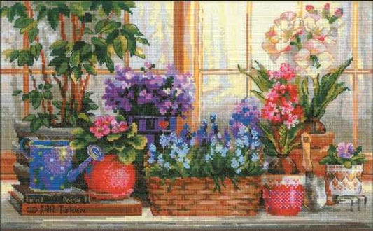 Windowsill with Flowers Cross Stitch Kit By RIOLIS