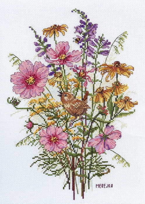September Flowers and Wren Cross Stitch Kit by Merejka