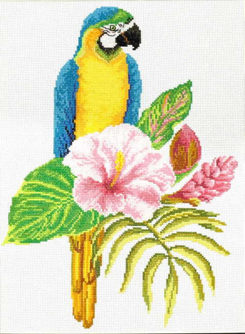 Hibiscus Macaw Printed Cross Stitch Kit by Needleart World