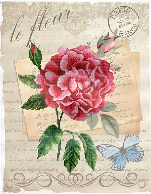 Rose Bloom Printed Cross Stitch Kit by Needleart World