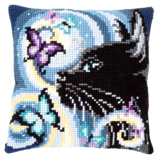 Cat with Butterflies Printed Cross Stitch Cushion Kit by Vervaco