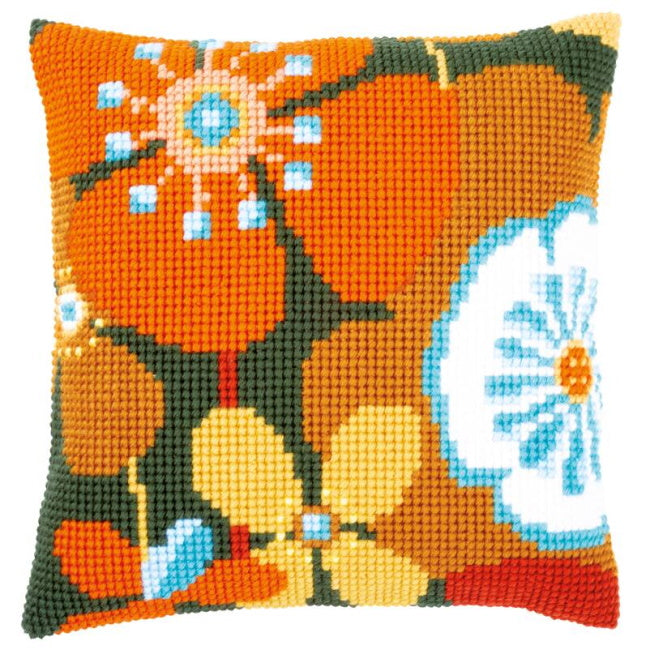 Retro Flowers Printed Cross Stitch Cushion Kit by Vervaco