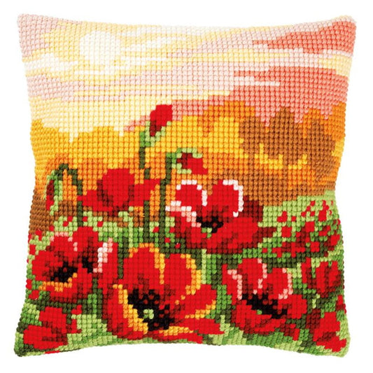 Poppy Meadow Printed Cross Stitch Cushion Kit by Vervaco